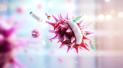 Microscopic scene Viruses and medication against blurry background in vibrant colors