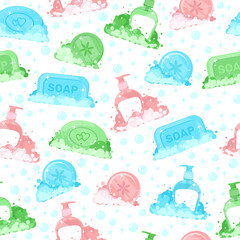 Multicolored soap lather seamless pattern. Liquid cleanser bottle. Cleaning foam. Soapy suds. Detergent glycerin bar. Repeated print. Bathroom and laundry. Foamy bubbles. Vector background