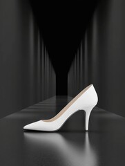 Elegant white high heel positioned in a dark, minimalist corridor, showcasing modern design, Ideal for fashion marketing, online stores, and style-related content,