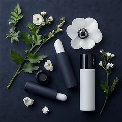 Cosmetics with Flowers, and Dark Background.