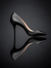 A sleek black high-heeled shoe is elegantly displayed against a dark background, showcasing its polished surface and reflecting details, Ideal for fashion marketing, online retail, or style blogs,