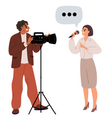 Male cameraman with camera captures female news reporter with microphone in hand. Newscaster record TV podcast. Live streaming. Operators video camera. Television broadcast. Vector concept