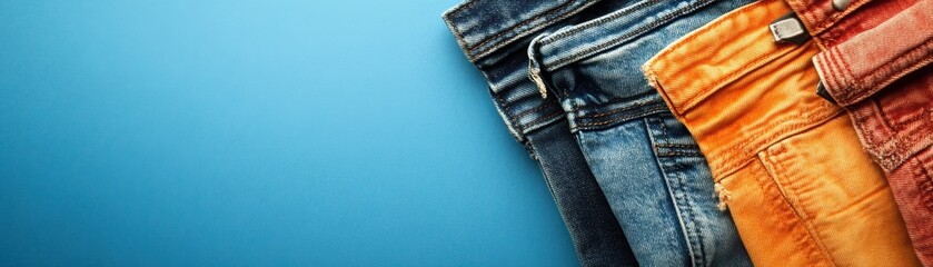 A colorful arrangement of jeans laid flat against a blue background, perfect for fashion marketing, clothing catalogs, or social media posts promoting denim wear and style trends,