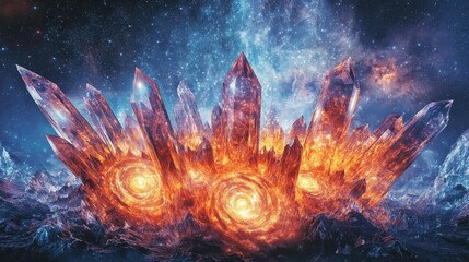 Fantasy landscape with glowing crystals and cosmic sky. Concept of magic, energy, and otherworldly beauty.