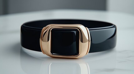 A stylish black glossy watch with a striking gold square casing, positioned on a sleek surface, This image is perfect for fashion and accessory websites, blogs, or promotional materials,