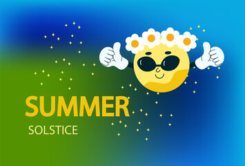 summer solstice poster. Bright sun equinox. Cartoon Flat hand drawn vector illustration.