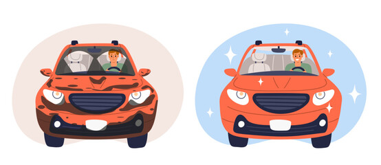 Naklejka premium Dirty passenger car and clean washed sparkling car. Shiny vehicle. Unclean dusty transport with dirt splatters. Automotive cleaner station. Happy and sad auto driver. Vector concept