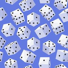 Different facets playing cubes seamless pattern. Dice toss. Gamble and risky board games. Bone throw for bets. Repeated gambling print. Roulette jackpot. Casino winner. Vector background