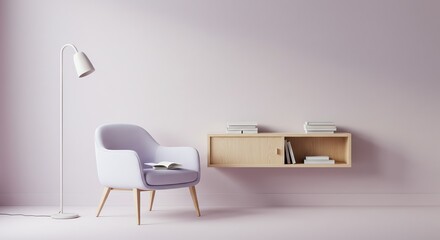 Fototapeta premium Minimalist Home Decor with Purple Chair and Bookshelf