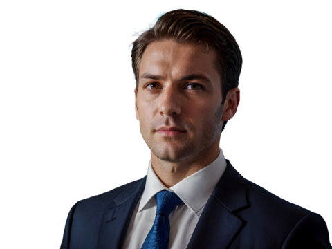 A confident, smiling handsome businessman in a suit and tie shows a successful executive expression