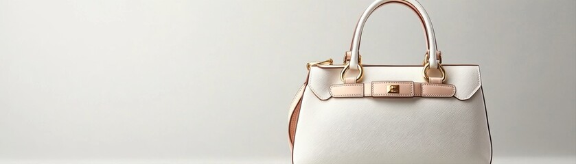 A stylish white handbag with gold accents and a sleek design is showcased against a minimalistic background, Ideal for fashion advertising, blogs, and e-commerce use,