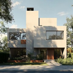 Modern house with suburban street, and sunlight.