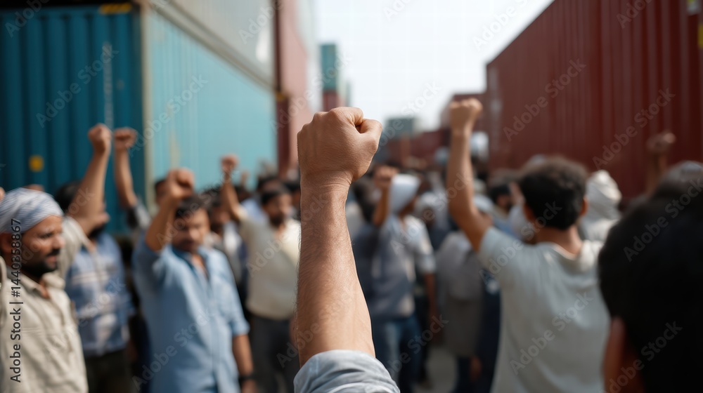 Aufkleber powerful scene of male workers protesting with raised fists in crowded area surrounded by shipping c