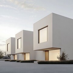 Modern minimalist houses with sunset.