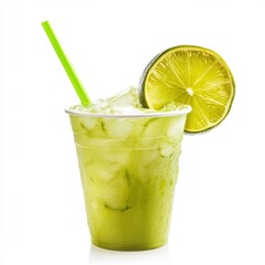 Fresh iced lime drink with green straw in clear plastic cup