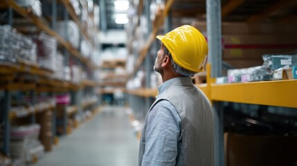 Male engineer in hard hat inspects warehouse filled with shelves of products, showcasing focused expression as he evaluates logistics and organization of space