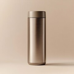 Bronze thermos with beige background.