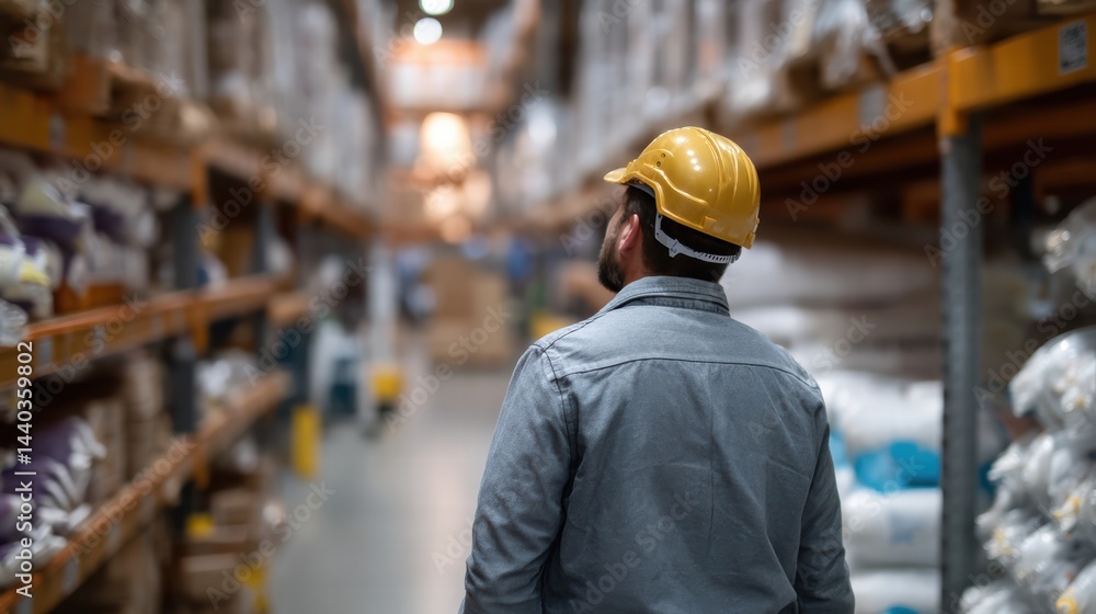 Poster warehouse worker in hard hat organizing stock, focused on tasks in large storage area filled with va