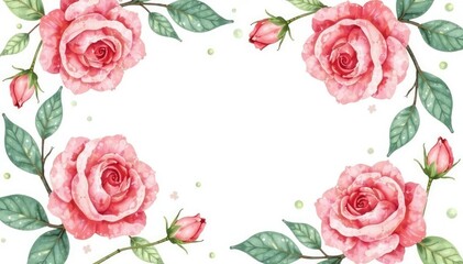 Fototapeta premium Delicate watercolor roses & leaves, repeating floral design, summer, wallpaper, invitation