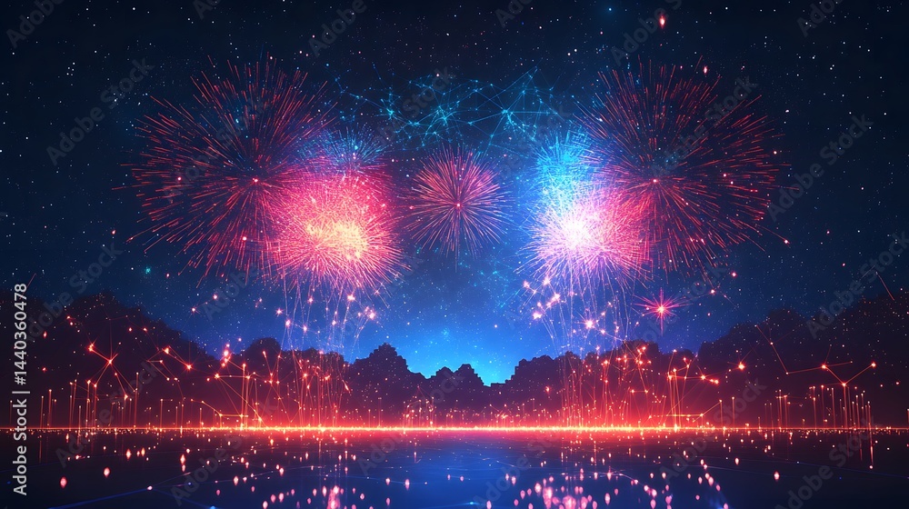 Poster Futuristic cityscape illuminated by vibrant fireworks and interconnected light networks. Reflective water enhances the digital landscape beneath a starry sky. Abstract wireframe in dark blue.