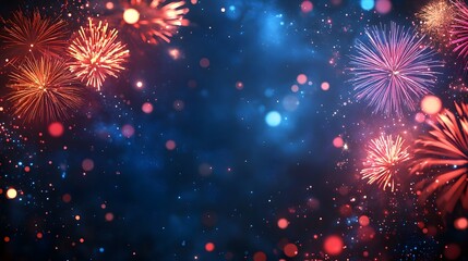 Fototapeta premium A dazzling fireworks display explodes against a dark blue night sky, bursting with vibrant colors and bokeh. Captures celebration perfectly. Abstract wireframe in dark blue.