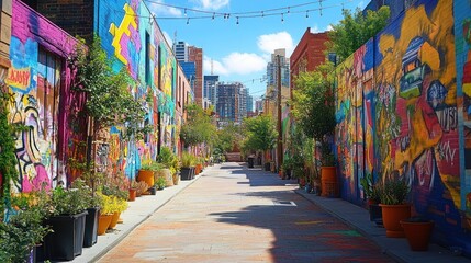 Fototapeta premium Vibrant Graffiti Alley: Urban Art and Greenery Harmony