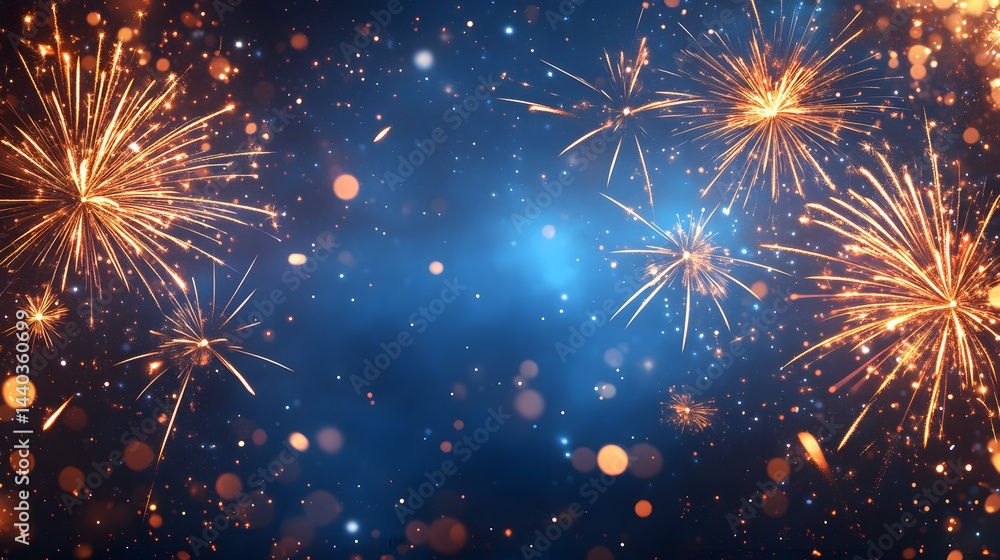 Poster a dazzling fireworks display illuminates the twilight sky, bursting with golden-orange light and cre
