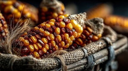 Autumn harvest featuring Indian corn in burlap sack close up shot