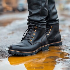 Black Leather Boots in Puddle Reflection, Style ,Footwear
