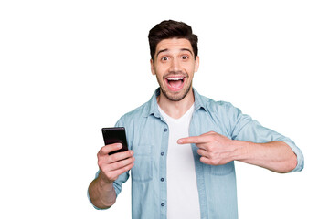Photo of handsome guy holding telephone hand indicating finger advising cool offer price for smart...