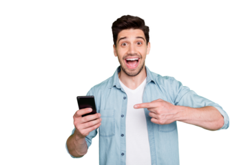 Photo of handsome guy holding telephone hand indicating finger advising cool offer price for smart phone wear denim shirt isolated green color background