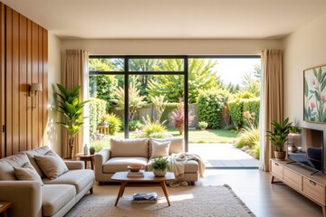 Fototapeta premium Bright and Airy Living Room Overlooking a Lush Garden Retreat