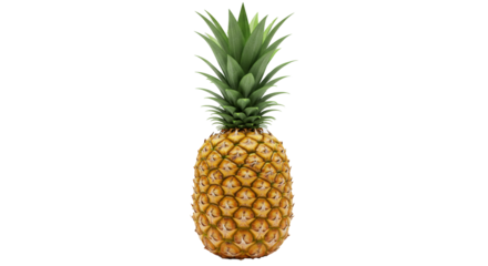 A ripe pineapple stands tall with its vibrant yellow and green hues against transparency.