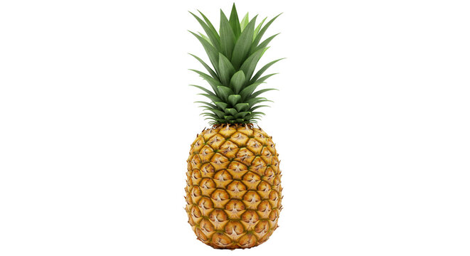 A ripe pineapple stands tall with its vibrant yellow and green hues against transparency.