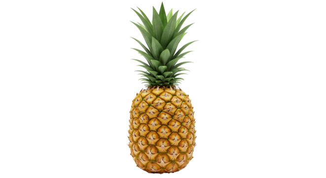 A ripe pineapple stands tall with its vibrant yellow and green hues against transparency.