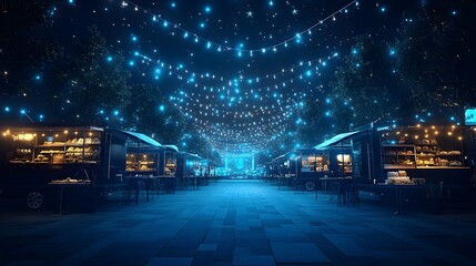 Obraz premium Vibrant night market scene with food trucks illuminated by festive string lights creating a lively atmosphere. Tables invite visitors to savor delicious treats. Abstract wireframe in dark blue
