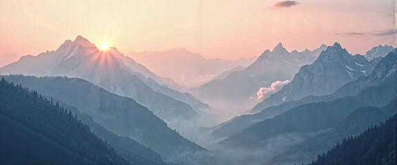 Majestic Sunrise Over Layered Mountain Ranges Scenic Vista Panoramic View