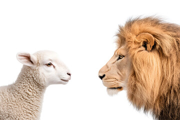 Little lamb and lion facing face to face isolated on white background, symbolizing contrasting traits like strength and innocence