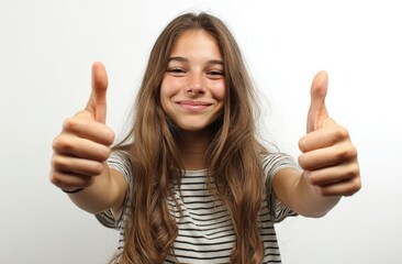 A smiling young woman gives two thumbs up, wearing a striped shirt against a plain white background.