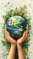Eco awareness in watercolor style, hands cradle Earth amidst vibrant greenery, gentle nature preservation concept