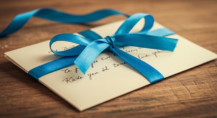Gift letter tied with teal ribbon on wooden table