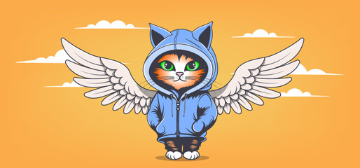 Vector funny cute cartoon kitten angel with wings, stand in blue hoodie with small paws and big green eyes. Dressed up toon pet. Cat