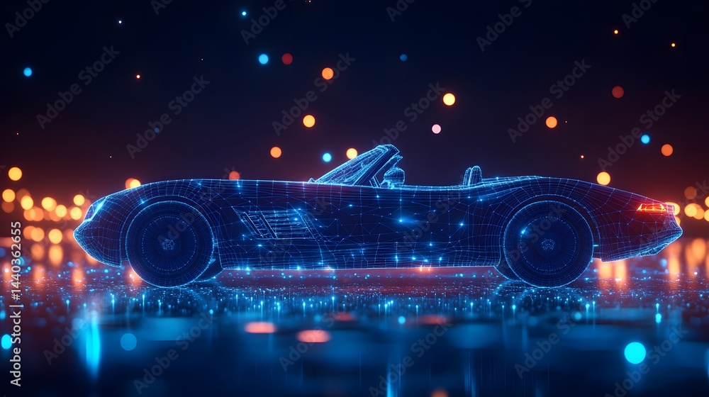 Aufkleber futuristic neon sports car showcased against a bokeh backdrop. the glowing wireframe convertible ref