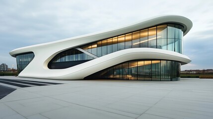 A white, curved building designed