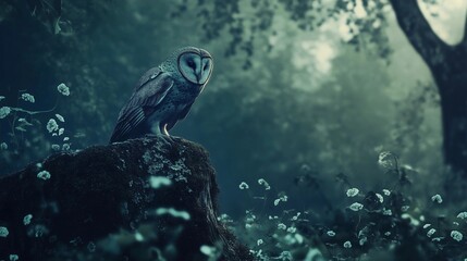 A mysterious owl perched on an ancient stone, surrounded by the misty forest at night, with delicate flowers blooming in the soft moonlight