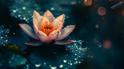 A beautiful water lily flower floating on the surface of dark blue pond, dew drops and water droplets on petals