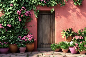 Fototapeta premium Exterior facade of a charming, sun-drenched building with vibrant plants.