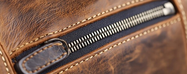 Brown Leather Bag Zipper Detail, Craftsmanship Focus, Texture, Sewing , Leatherwork, Zipper