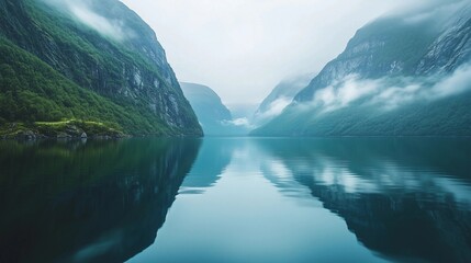 A tranquil scene of the fjord in Norway, with misty mountains reflecting on calm waters, creating an ethereal and serene atmosphere