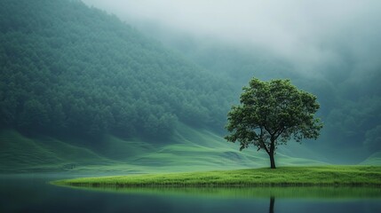 A tree stands alone on the grassy green hills, overlooking an emerald lake with mist rising from its surface